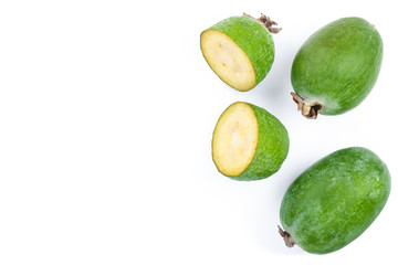Tropical fruit feijoa Acca sellowiana isolated on white background with copy space for your text. Top view. Flat lay pattern