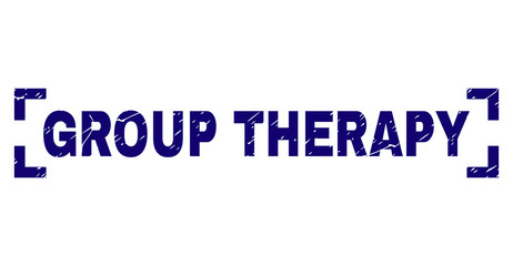 GROUP THERAPY text seal print with grunge texture. Text tag is placed inside corners. Blue vector rubber print of GROUP THERAPY with grunge texture.