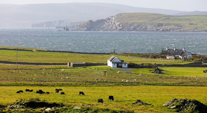 A view across farmland on Bressay to Mainland, Shetland, Scotland, UK.