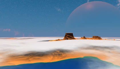 Alien Planet. Above the clouds. 3D rendering