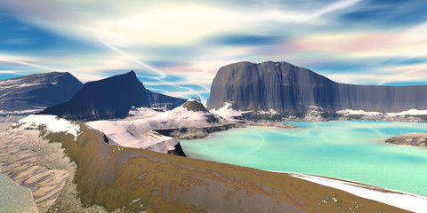 Alien Planet. Mountain and  water. 3D rendering