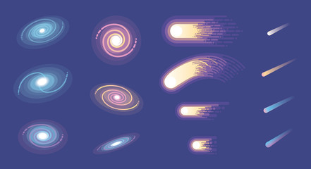 Set of colorful futuristic galaxies comets and asteroids
