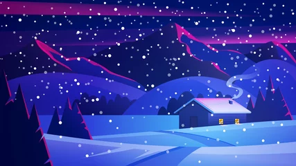 Fototapeten Weihnachtsnachtlandschaft mit Bergen und einer einsamen Hütte. Heiligabend-Landschaft. Gemütliches Haus im Winterwald. Vektor der Winterlandschaft. © Nina
