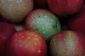 Background of juicy, delicious, sweet and ripe red-green apples close-up with water drops