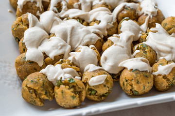 Falafel Balls with Hummus Sauce in Rectangular Plate.
