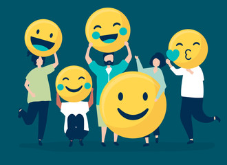 Characters of people holding positive emoticons illustration