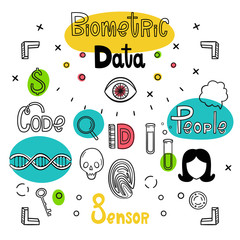 Biometric data. Vector set of hand-drawn icons and inscriptions. Fingerprints, DNA, eyeball, test tubes, skull, face, sensor, protection, shield and others