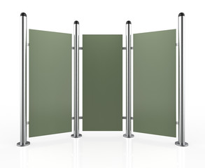 Three in one blank Outdoor Advertising Displays. Rolling Poster Display 3D Illustration. Advertising Industry Object.