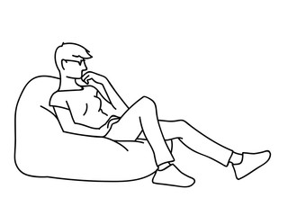 Woman sitting on big pillow. Sketch. Vector illustration of thoughtful girl sitting, one leg bent, other straight in simple line art style on white background. Concept. Monochromous minimalism.