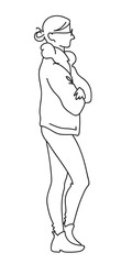 A woman in street clothes and glasses stands crossing hands and legs. Vector illustration of girl waiting somebody. Concept. Sketch. Line art. Black lines on white background.