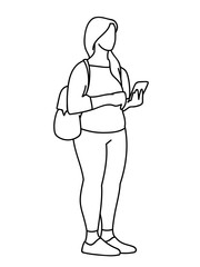 Chubby girl with backpack standing, looking at mobile phone. Vector illustration of young woman checking social networks. Concept. Black lines on white background. Virtual communication.