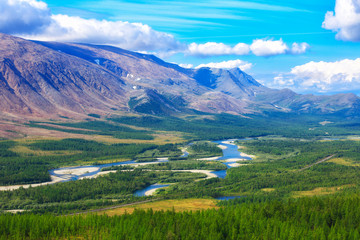 View of the Rai-Iz mountain and the Sob River in the Polar Urals on a sunny summer day, Yamal, Russia