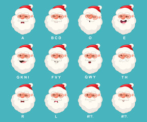 Santa Claus head with mouth animation. Vector cartoon Christmas character with lip sync icons set isolated on background.