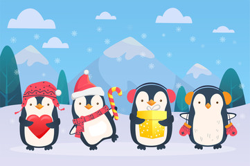 christmas penguins on snowy background