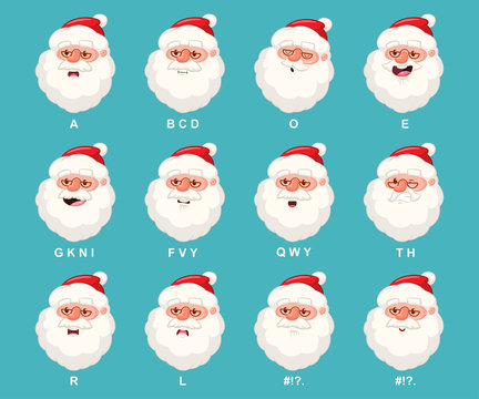 Santa Claus head with mouth animation. Vector cartoon Christmas character with lip sync icons set isolated on background.