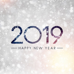 Grey shiny Happy New Year 2019 card with snowflakes.