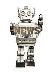 Naklejka premium Vintage silver robot toy with news sighn isolated