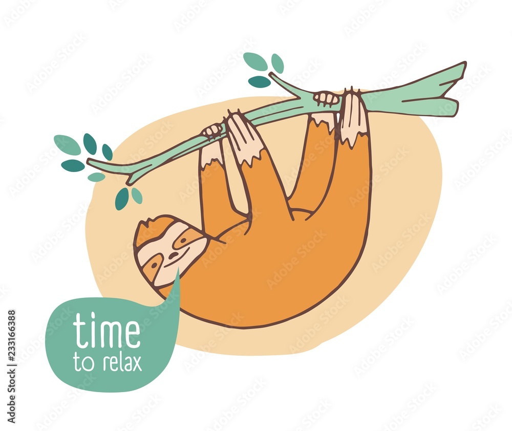 Poster funny happy sloth hanging from branch. cute lazy wild exotic animal relaxing on tropical tree. adora