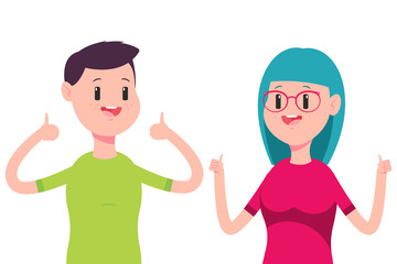 Happy man and woman with thumb up cool gesture vector flat character isolated on a white background.