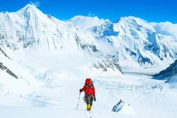Fototapeta na wymiar Climber reaches the summit of Everest. Mountain peak Everest. Highest mountain in the world. National Park, Nepal .
