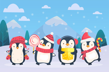 christmas penguins on snowy background