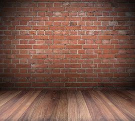 Red Brick wall with wooden floor Background