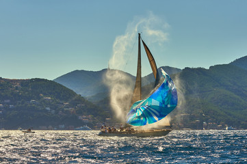 Sail Spinnaker in a strong wind with a spray of water. Sailing yacht race. Yachting. Sailing