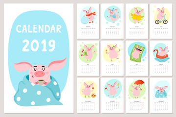 Cute calendar with cartoon pig, New Year 2019.