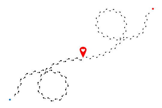 Intersecting footprints of man and woman and red map pin with heart in center of illustration. Vector design element.