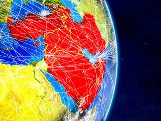 Fototapeta premium Western Asia on planet Earth with networks. Extremely detailed planet surface and clouds.