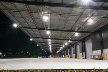 Exterior view of a modern industrial warehouse in a business park