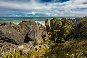 Fototapeta na wymiar Punakaiki Pancake Rocks with blowholes in the Paparoa National Park, New Zealand