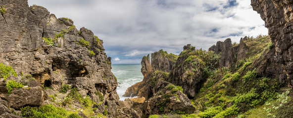 Punakaiki Pancake Rocks with blowholes in the Paparoa National Park, New Zealand