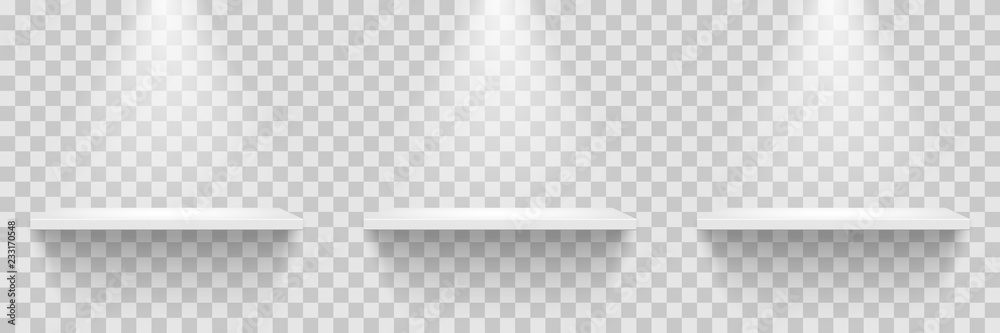 Wall mural empty white shelves row isolated on transparent background. vector design element.