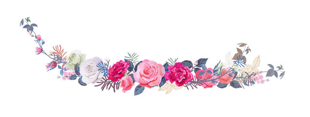Christmas horizontal border, bouquet of flowers: red, pink, mauve roses, carnations, pine branches, cones, leaves. Digital draw illustration, watercolor style, vintage, vector. Panoramic view