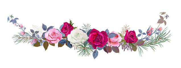 Christmas horizontal border, bouquet of flowers: red, pink, white roses, pine branches, cones, leaves. Digital draw illustration, watercolor style, vintage, vector. Panoramic view © analgin12