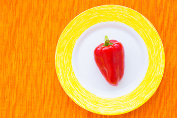 one red pepper on a colorful plate closeup.