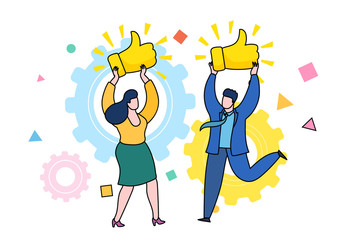 Concept of likes and positive feedback. Happy woman and man with prize Thumbs up sign.