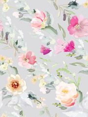 Vector seamless pattern with flower and plants in watercolor style.
