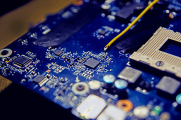 Computer microprocessor chip development. Modern scientific technology. Engineer data electronics...