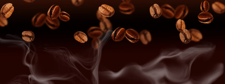 Fototapeta Flying coffee beans Banner, horizontal