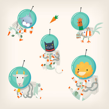 Set of farm animals wearing spacesuits floating in outer space.