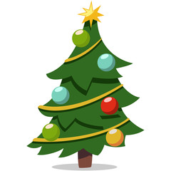 Christmas cartoon tree decorated with glass balls and a golden star on top. Vector flat icon isolated on white background.