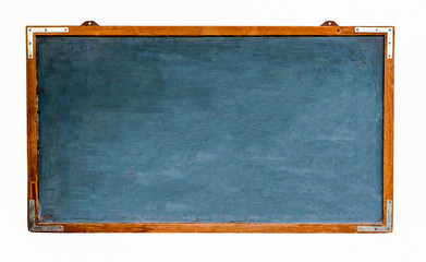 Blue old grungy vintage wooden empty wide chalkboard or retro blackboard with weathered frame and isolated on seamless white background. Concept for education with empty space for text.