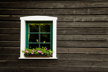 White window with flowers and green frame on a countryside house or cottage with dark black wooden wall.