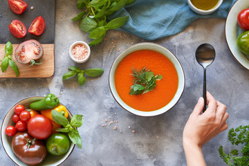 Gazpacho soup in a plate with fresh tomatoes, green sauce, chili, garlic, Basil and French baguette on a gray background. Top view