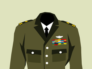 Military uniform with high officer rank insignia - elegant khaki clothes and hierarchy in the army. Vector illustration