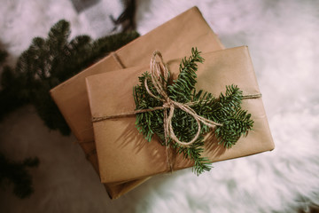 Fototapeta na wymiar Christmas gift box with decoration. Winter Holiday Concept. Rustik style
