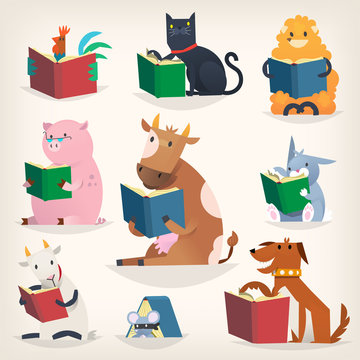 Animals Reading Books With Stories And Translating Other Languages. Trying To Understand Others.