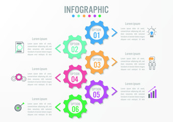Business infographic template with 6 options gear shape